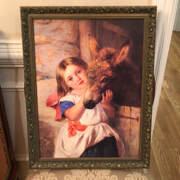 Antique Framed Art Little Girl with the donkey